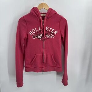Vintage Hollister Hoodie Womens M Pink Full Zip Soft Graphic Preppy Logo Y2K